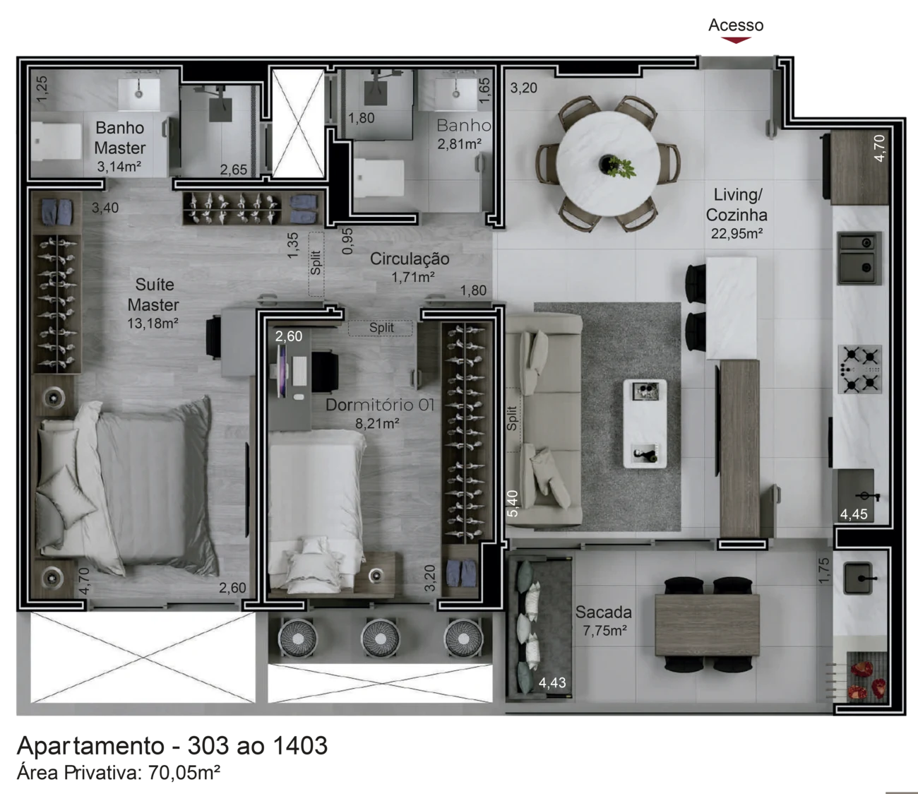Planta do apartamento de 2 dormitórios do Sky305, 70,05 m² privativos, com suíte master, dormitório, living integrado e sacada gourmet