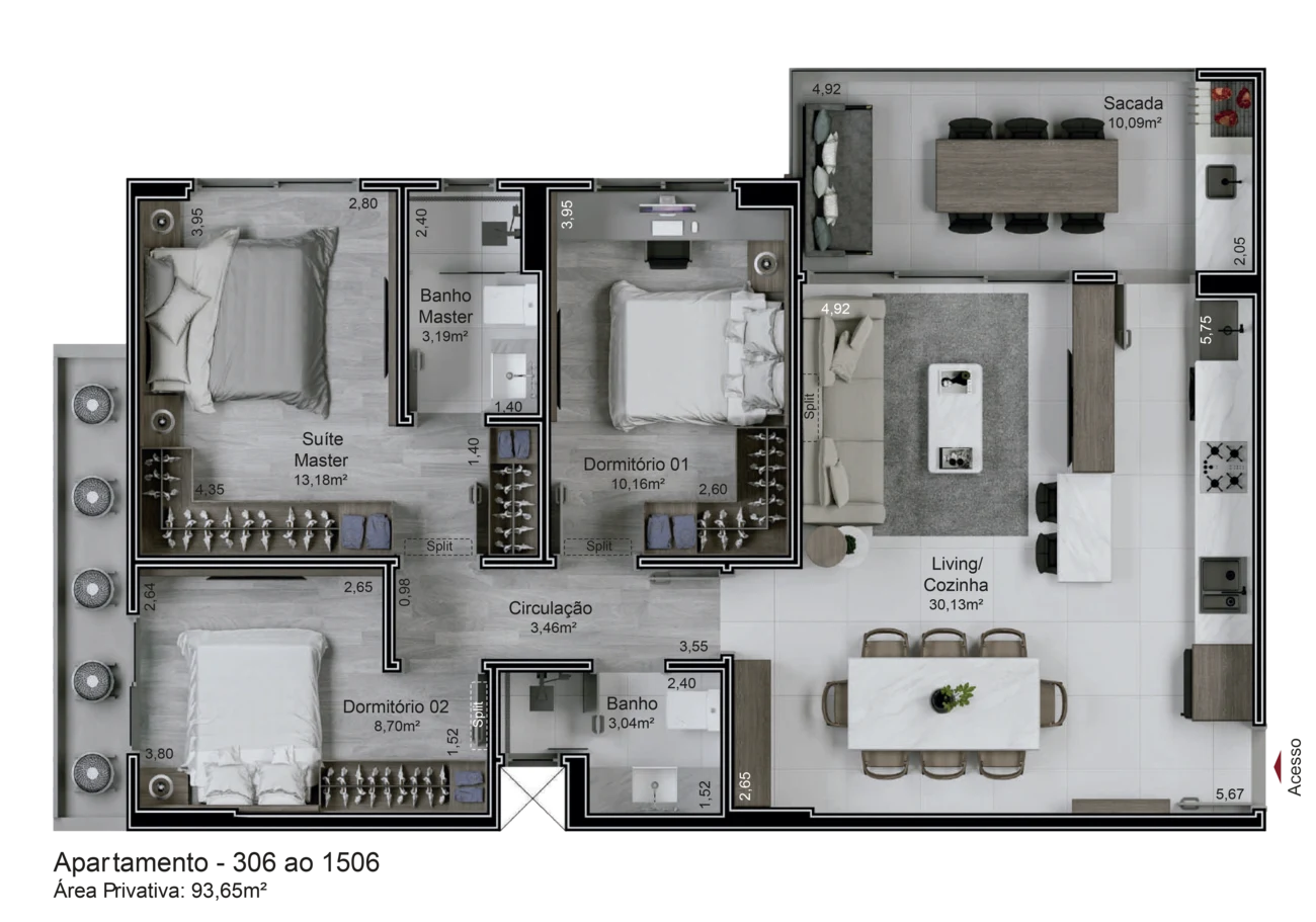 Planta do apartamento de 3 dormitórios do Sky305, 93,06 m² privativos, com suíte master, dois dormitórios, living ampliado e sacada gourmet